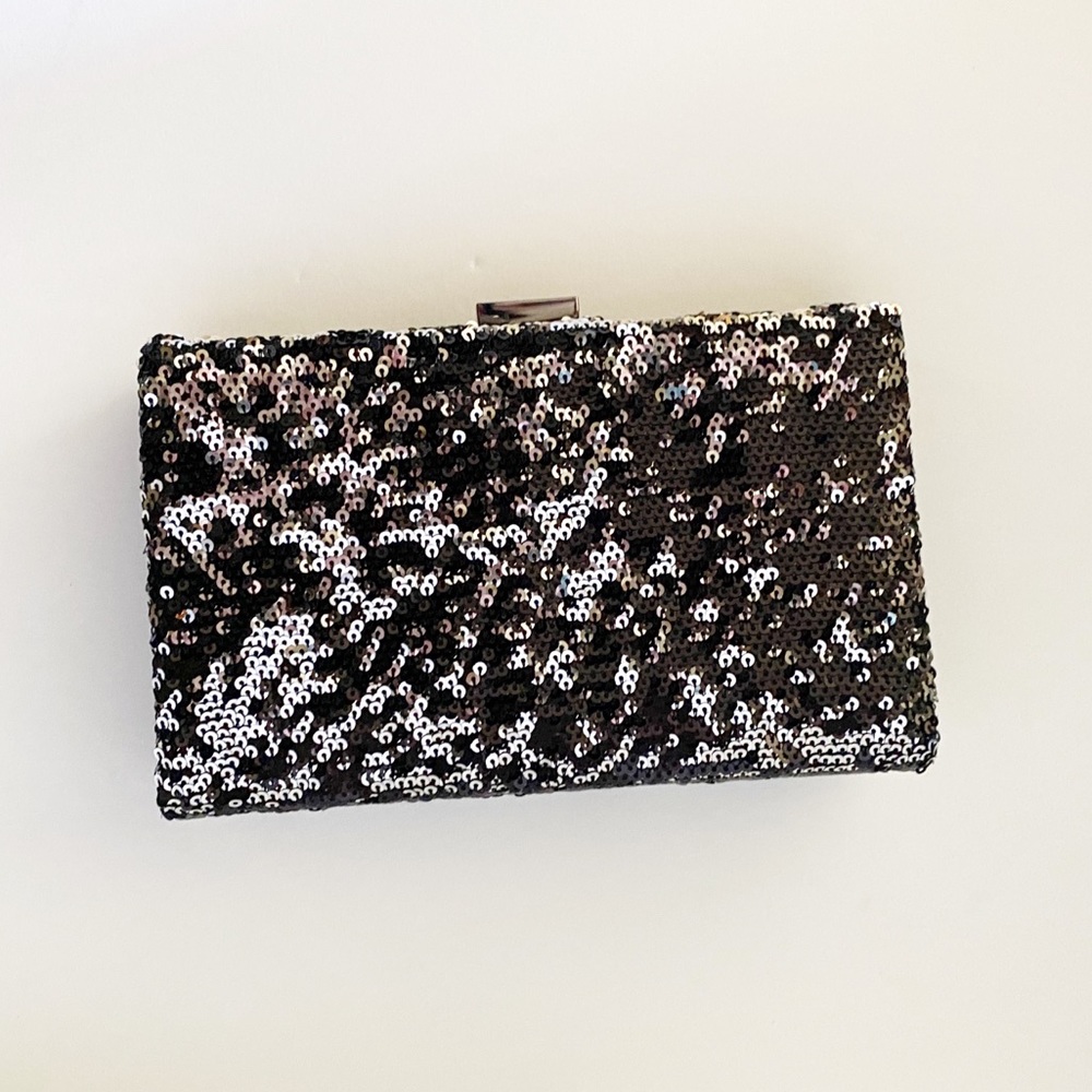 Sequin Clutch, black and silver with strap
